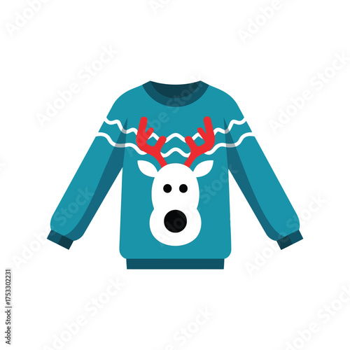Festive teal ugly christmas sweater with reindeer design vector