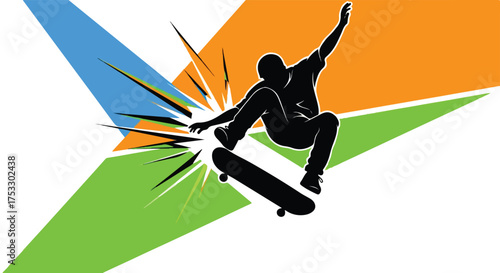 Skater Silhouette in Mid-Air with Dynamic Graphic Background