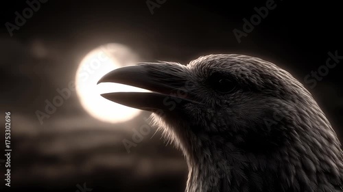 A Crow Looks Up at the Moon and Makes a Miserable Cry in the Night Sky