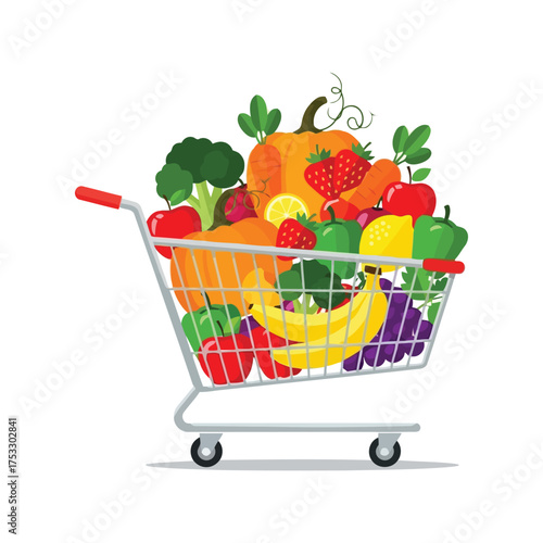 Fresh colorful produce overflowing grocery shopping cart healthy food choices vector
