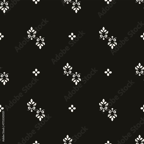 Simple minimalist floral pattern. Minimal seamless texture with small flower shapes. Abstract black and white geometric background. For print, package