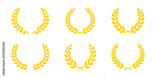 Greek laurel icons set. Circular foliage branches and wreath silhouettes, trophy crests, Greek olive branch awards, and winner round emblems.