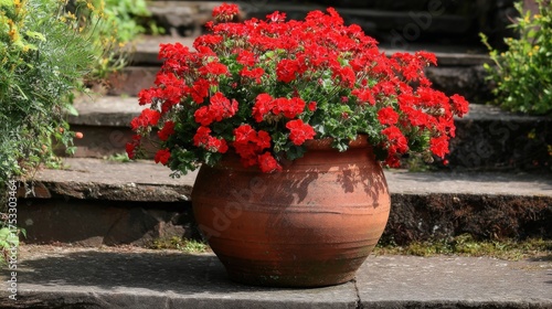 Vibrant red flowers in earthen pot on stone steps surrounded by lush greenery