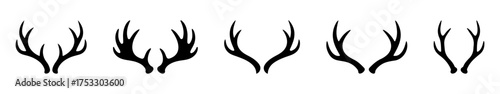 Deer horn icons set. Animal horn silhouettes, wildlife and hunting symbols, horn shape collection.