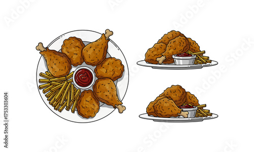 Fried Chicken and French Fries with Ketchup – Top and Side Views