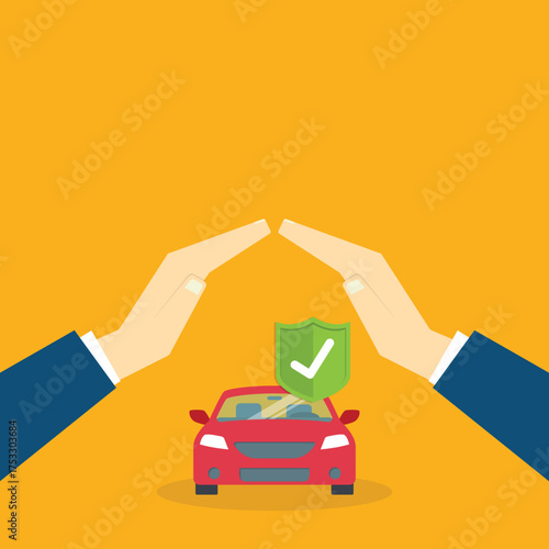 Car with a protective hands. For security concepts, protection of private property. Insurance, mortgage, credit.	