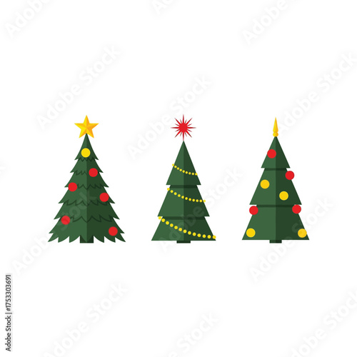 Festive christmas trees decorated with ornaments lights star and tinsel vector