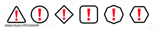Caution alarm icons set. Danger, attention, fatal error message element, exclamation mark.