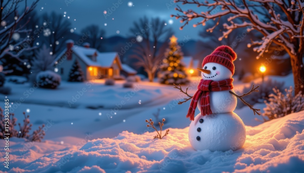Obraz premium A photo of a wintry Christmas night scene featuring snowmen standing in a winter landscape with a ba