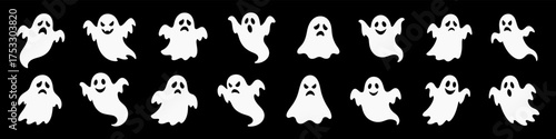 Cute cartoon ghost icons set. Adorable spirits with various facial expressions, playful and spooky character collection.
