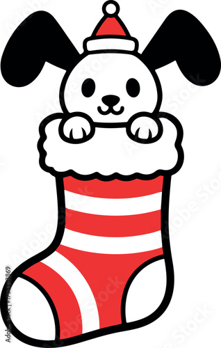 Adorable black eared rabbit wearing Santa hat peers out of a Christmas stocking