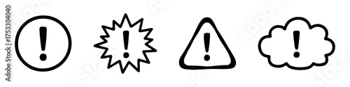 Caution alarm icons set. Danger, attention, fatal error message element, exclamation mark.