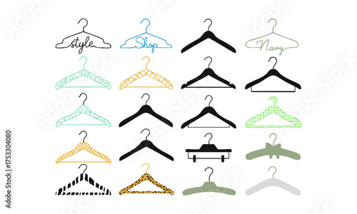  Hanger Silhouettes — Classic Black Minimal Vector Icons, apparel with hanger,  cloth with hanger, fashion elements, easily editable.