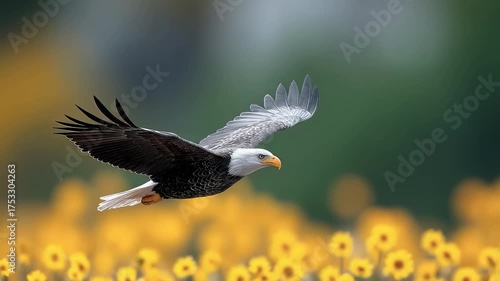 Bald Eagle Soaring Over Flower Field Symbolizing Freedom and Strength