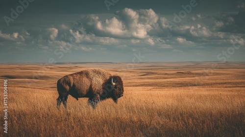 A solitary buffalo grazes in the golden grasslands under a dramatic sky, evoking tranquility