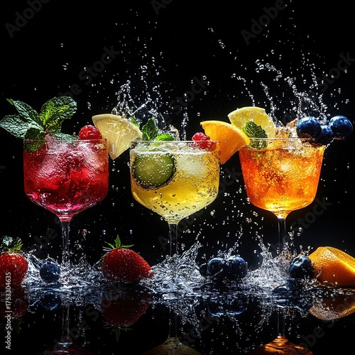 Refreshing cocktail splash bar setting beverage photography dark background dynamic viewpoint summer vibe