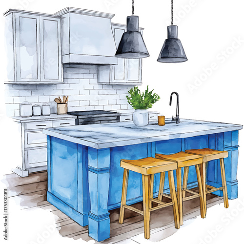 Watercolor sketch of a modern kitchen island with blue cabinets watercolor illutrastion transparent background