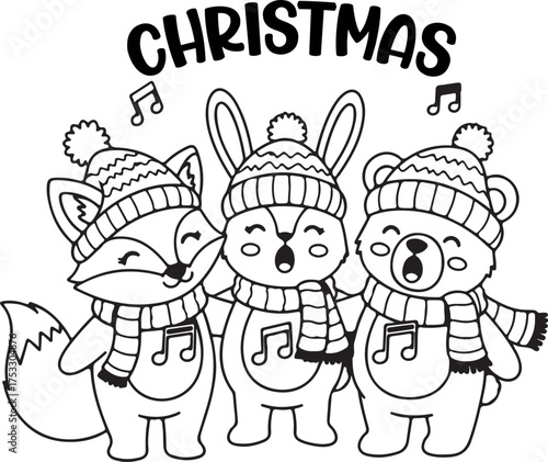 Christmas characters, fox, rabbit and bear, joyfully singing carols in black line art