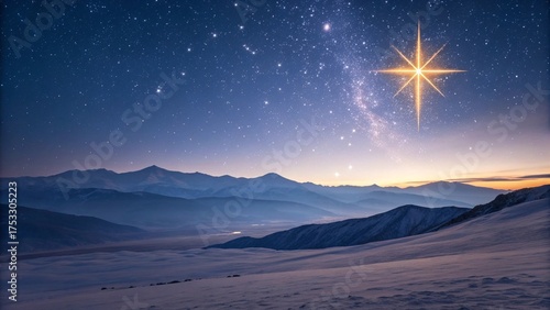 a Christmas star shines at night over the mountains of Bethlehem. 