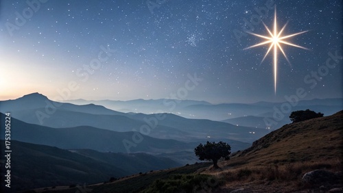 a Christmas star shines at night over the mountains of Bethlehem. 