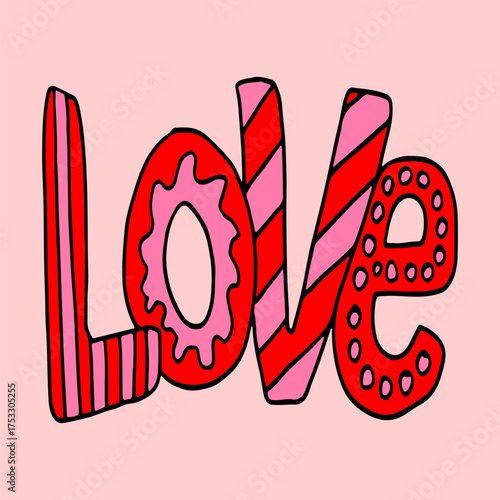Valentines Day card I love you. Flat vector hand drawn. Romantic holiday. Lettering, inscription, text. Wedding anniversary. Doodle illustration.