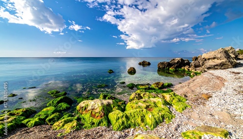 A scenic coastal landscape under a bright blue sky dotted with fluffy white clouds. Smooth water reflects the sky, while rocks are covered in vibrant green