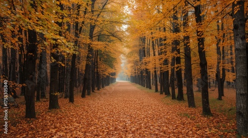 Autumn Forest Tunnel with Leaf-Covered Path
