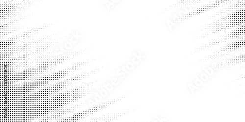 Grunge halftone gradient background. Faded grit noise texture. White and black sand wallpaper. Retro pixelated backdrop. Anime or manga style comic overlay. Vector graphic design textured template