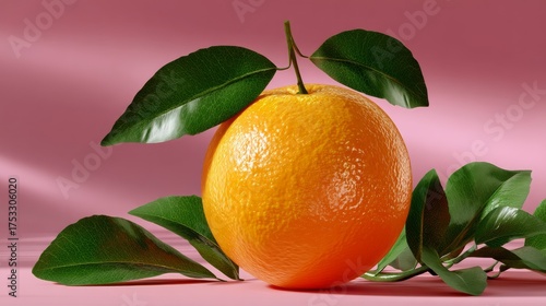 Vibrant Orange Fruit With Textured Peel Surrounded By Green Leaves On Soft Pink Background