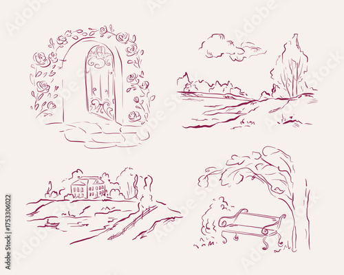 Whimsical line art set with flower arch, park bench, manor house, and river landscape. Quickly sketched vector illustration for wedding stationery, journaling, branding, and romantic vintage design.
