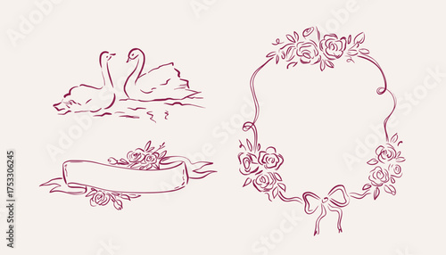 Set of romantic line art clip arts with swans, floral frame, and ribbon banner. Whimsical quickly sketched vector illustration for wedding invitations, greeting cards, branding, romantic stationery.