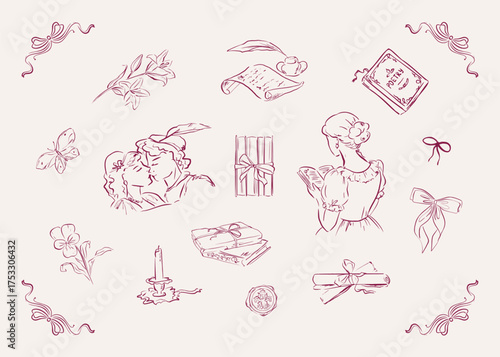 Lovers, reading girl, books, letters, ink bottle, feather, wax seal, bows, flowers, butterfly. Whimsical quickly sketched line art set. Vintage vector illustration. Cozy bookish love story concept.
