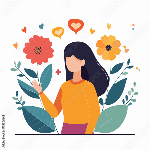 A woman surrounded by flowers and hearts, representing positivity and well-being.
