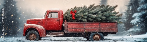 Holiday truck delivering christmas trees in snowy forest festive scene winter wonderland captivating view