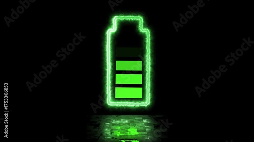 The concept of a glowing neon sign with icons of charging batteries, short videos of digital technology.