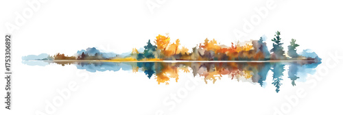 Autumn Forest Landscape Reflected in Water Watercolor illutrastion transparent background