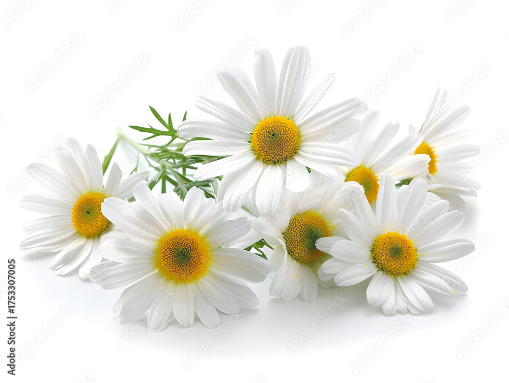 Obraz premium bouquet of fresh chamomile flowers with green leaves on white background