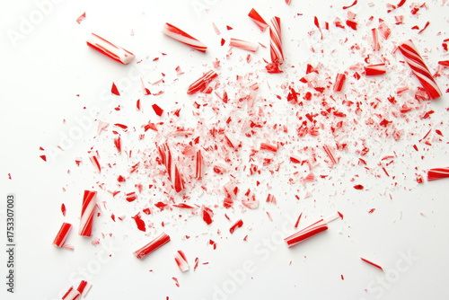 Crushed red and white peppermint candy canes scattered on a white background, useful for holiday cooking, baking, and decor