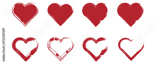 Red crayon heart collection with textured . abstract red heart brush strokes love romance valentines day . Love word art by painting brush . Paint brush heart doodle. 