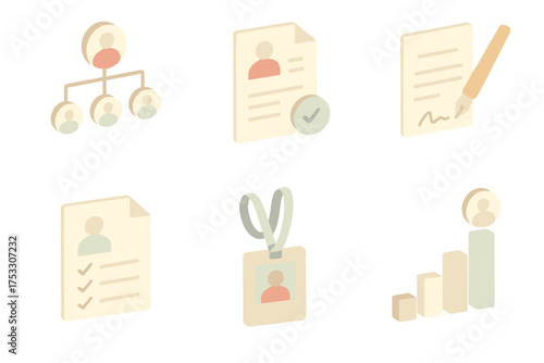 HR Hiring Icons. Isometric vector illustration set of HR hiring icons: organizational chart, new hire paperwork, contract signing,
