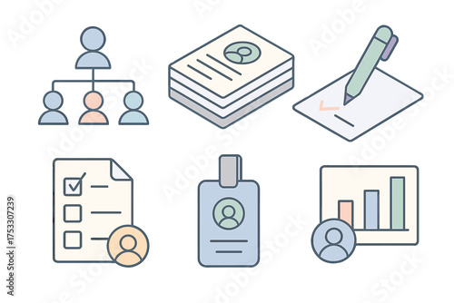 HR Hiring Icons. Isometric vector illustration set of HR hiring icons: organizational chart, new hire paperwork, contract signing,