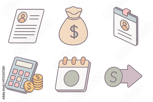 Payroll Icon Set. Isometric vector illustration set of payroll icons: payslip document, salary bag, employee ID, calculator with