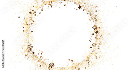 Festive golden stars sparkle in a circular arrangement, perfect for elegant backgrounds, holidays, and celebration designs. Use for invitations,