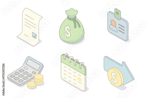 Payroll Icon Set. Isometric vector illustration set of payroll icons: payslip document, salary bag, employee ID, calculator with