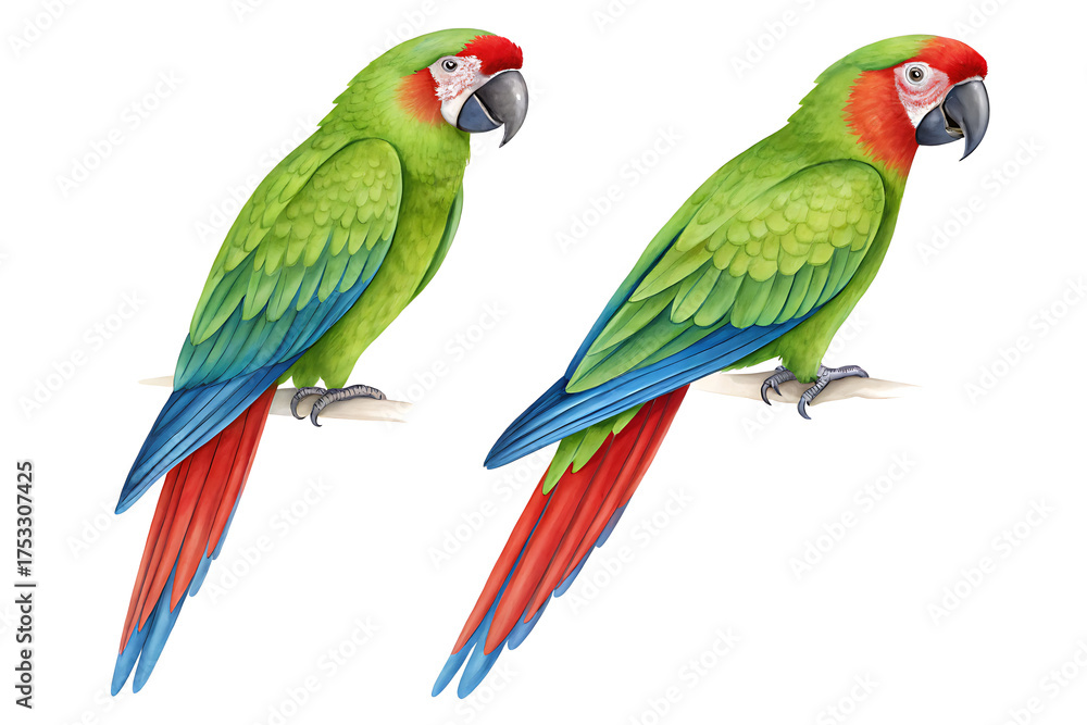 Fototapeta premium Two colorful macaws perched against a white background