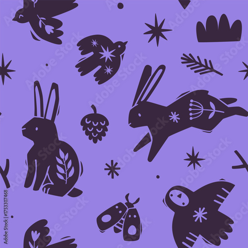 Scandinavian folk pattern with birds and hares. Seamless vector print with linocut animals.