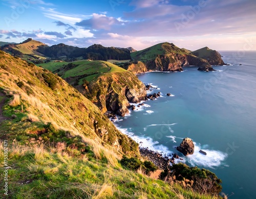 A scenic coastal landscape with rolling green hills meeting the ocean under a partly cloudy sky during golden hour. Waves crash near cliffs