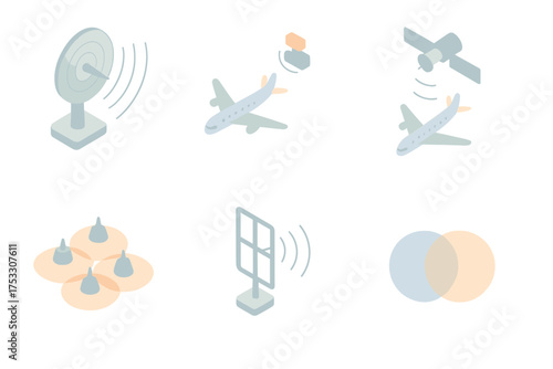 Radar Technology Icons. Isometric vector illustration set Radar and Surveillance Types: primary radar pulse reflection, secondary