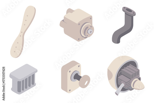 Propeller Engine Mechanics. Isometric vector illustration set Propeller and Engine Mechanics: propeller blade with rivets, engine