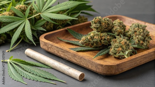 Cannabis buds and a joint on a wooden tray